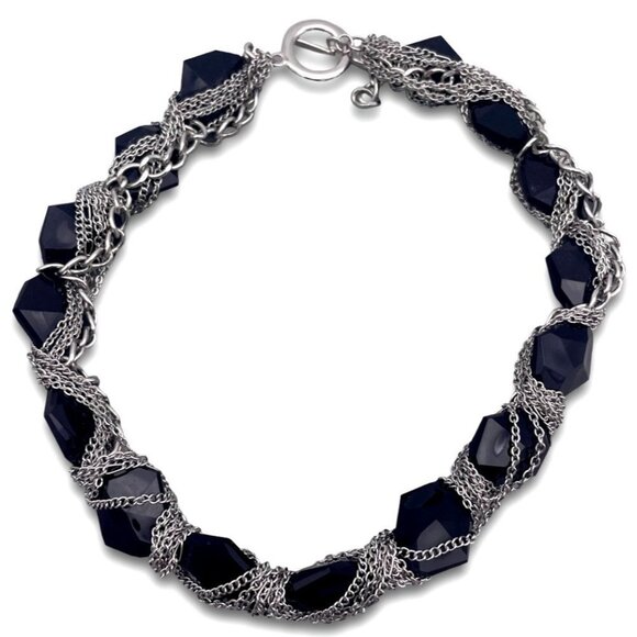 Black Faceted Beaded Silver Tone Chain Wrap Necklace Toggle Closure 19 Inch - Picture 1 of 5
